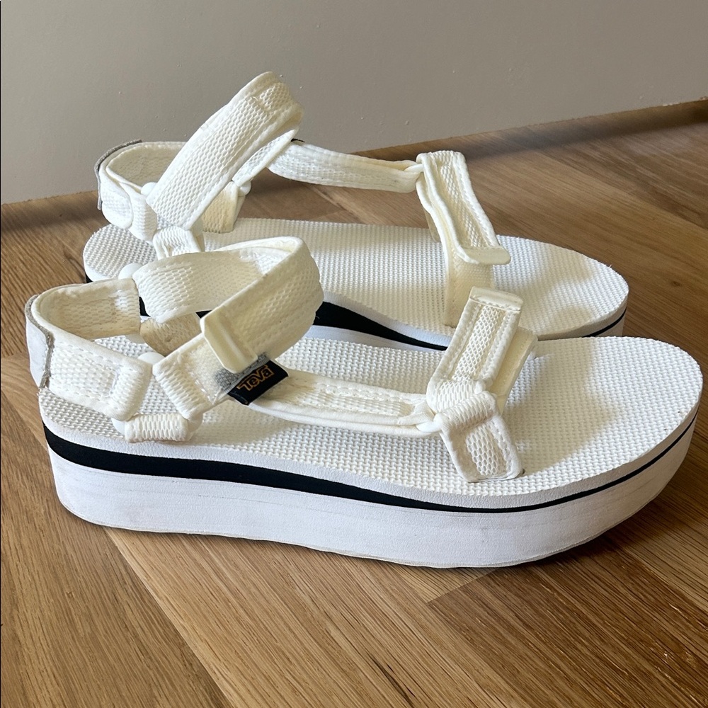 Teva White Platform Sandals with Black Stripe